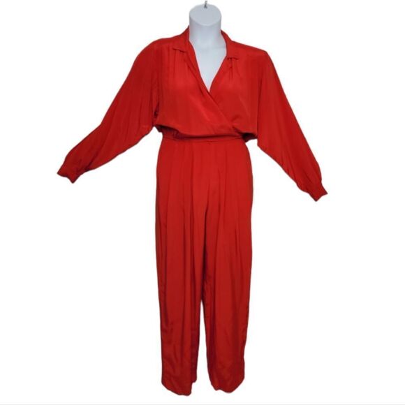 VINTAGE 90s red‎ jumpsuit long sleeve pleated wrap pockets S - Picture 1 of 17
